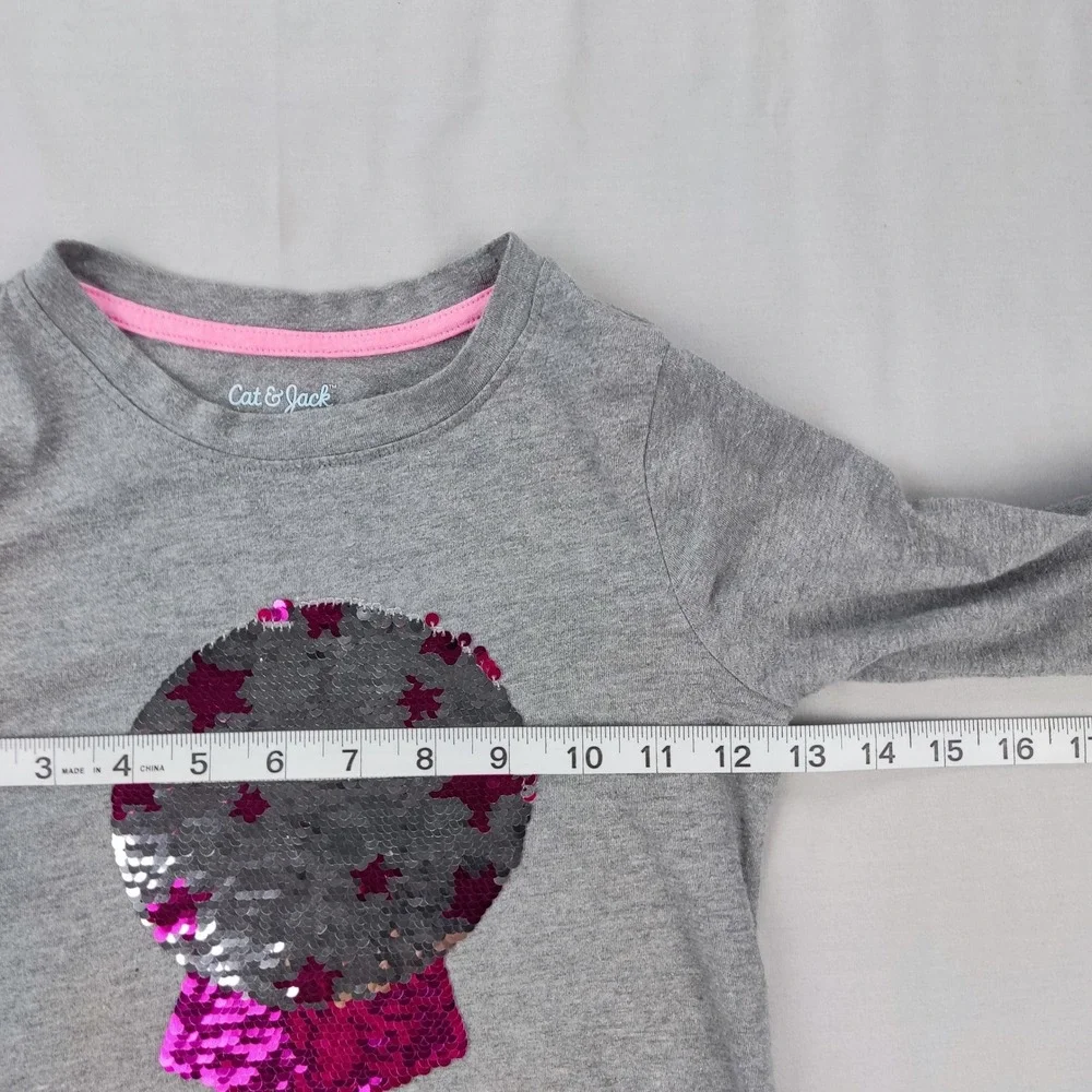 Cat & Jack Shirt Girls S 6/6X Gray Flip Sequin Crystal Ball Side Tie Long Sleeve